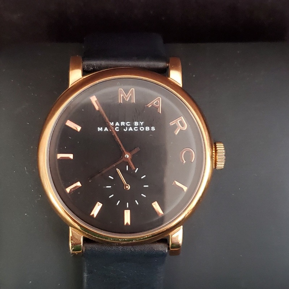 Marc Jacobs Women's Baker Watch Rose Gold Black Leather Band MBM8633 37mm
